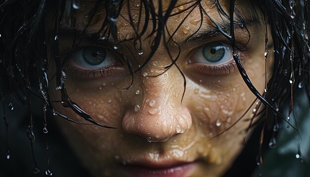 une femme avec les cheveux mouillés et des gouttes d'eau sur le visage