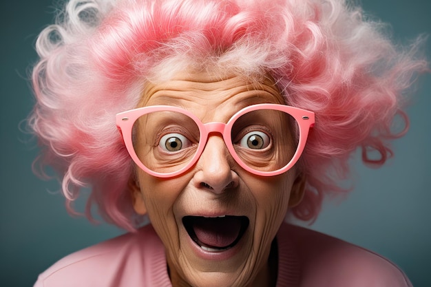 Femme avec des cheveux roses et des lunettes faisant une tête drôle IA générative
