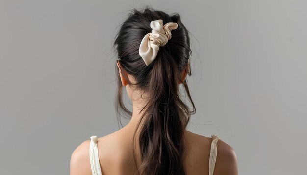 Photo femme avec des cheveux en soie sur une queue de cheval sur un fond gris