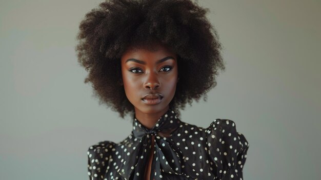 Femme chic en blouse noire avec des points blancs sur un fond dégradé