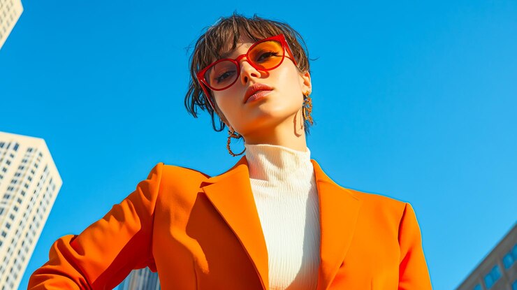 Une femme chic dans une élégante tenue orange contre le ciel bleu