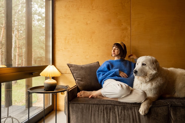 Femme avec chien sur un canapé dans une maison en bois sur la nature