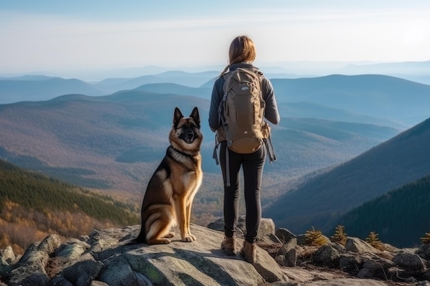 Femme et chien sur le sommet d'une montagne AI générative