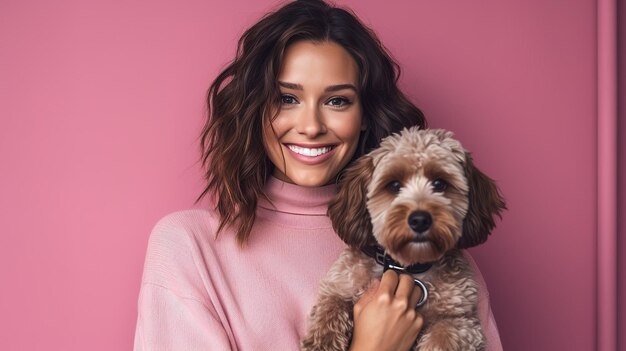 Une femme avec un chien sur son épaule