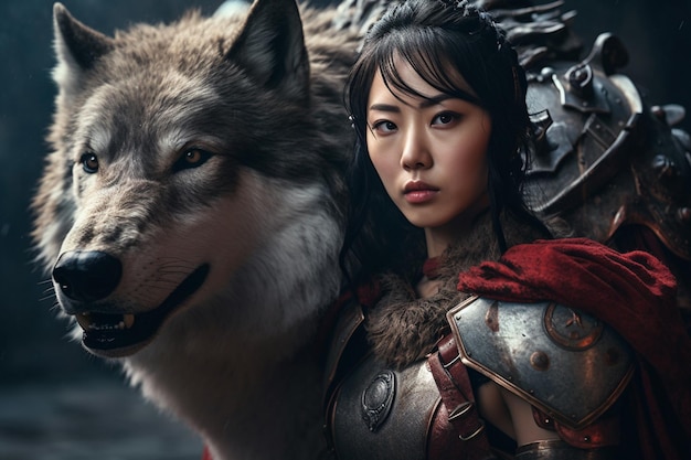 Une femme chinoise en armure avec un loup géant à ses côtés