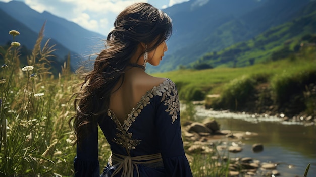 Une femme chinoise en bijoux en tissu bleu se tient dans l'herbe et la rivière au loin est une montagne
