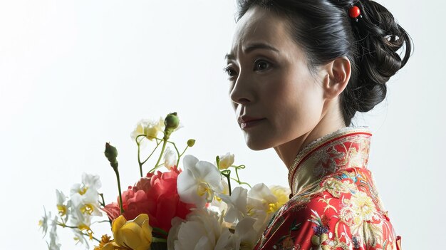 Photo femme chinoise avec un bouquet de fleurs