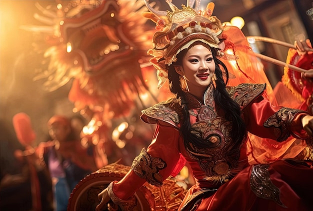 une femme chinoise exécute une danse traditionnelle lors d'un spectacle de tambours du nouvel an dans le style du streetcap