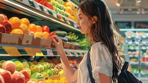 Photo femme choisissant des fruits au supermarché sélection de produits frais mode de vie et d'alimentation sains