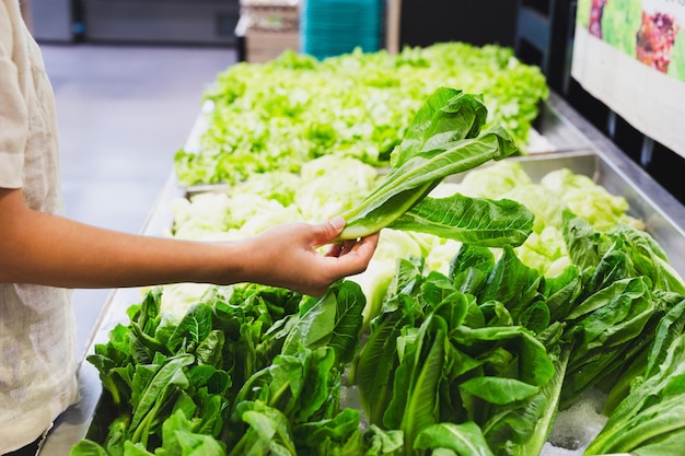 Photo femme choisissant une salade de laitue fraîche au magasin de légumes dans un super marché