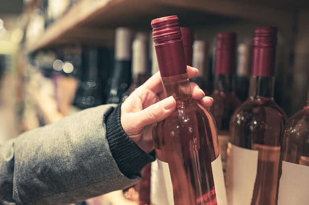 Femme choisissant le vin rosé