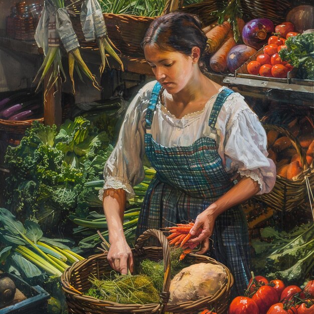 La femme choisit des tables avec un panier.