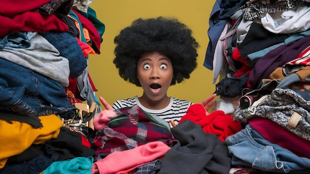 Une femme choquée avec des cheveux afro bouclés regarde avec des yeux buggés noyée dans une énorme pile de vêtements colorés.