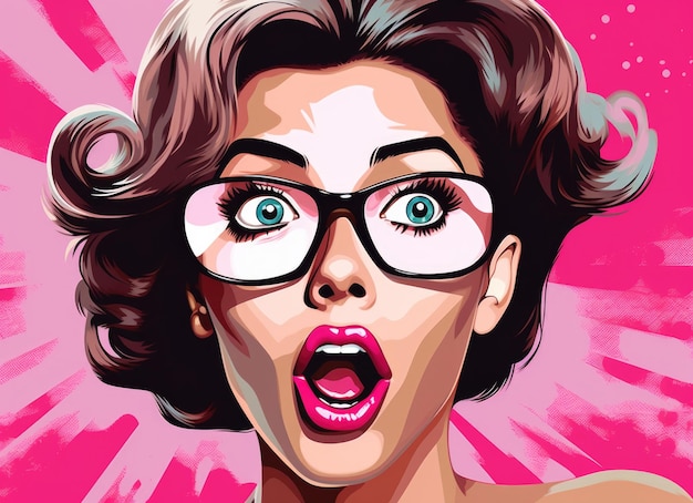 Femme choquée dans le style pop art rétro avec des lunettes sur fond rose