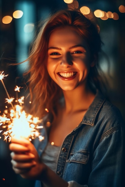 Une femme avec un cierge magique à la main