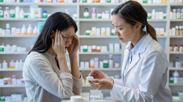 Photo une femme client avec des maux de tête à la pharmacie