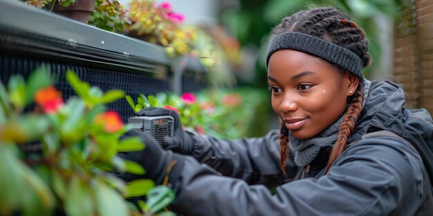 Photo une femme avec un climatiseur dans une veste noire