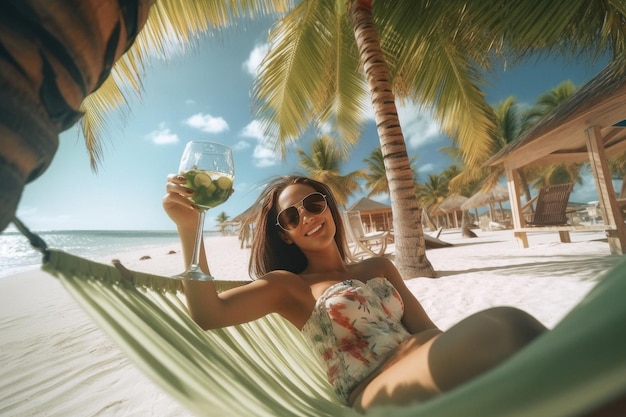 Femme avec cocktail relaxant dans un hamac pendant les vacances à la plage créée avec l'IA générative