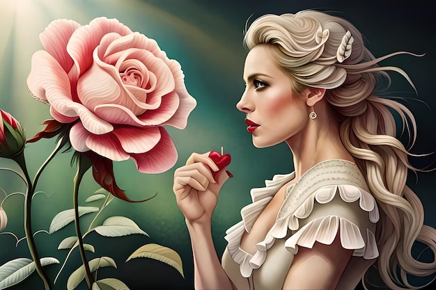 Une femme avec un cœur rouge sur le visage regarde une fleur.