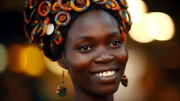 Une femme avec une coiffe colorée et une coiffe sourit.