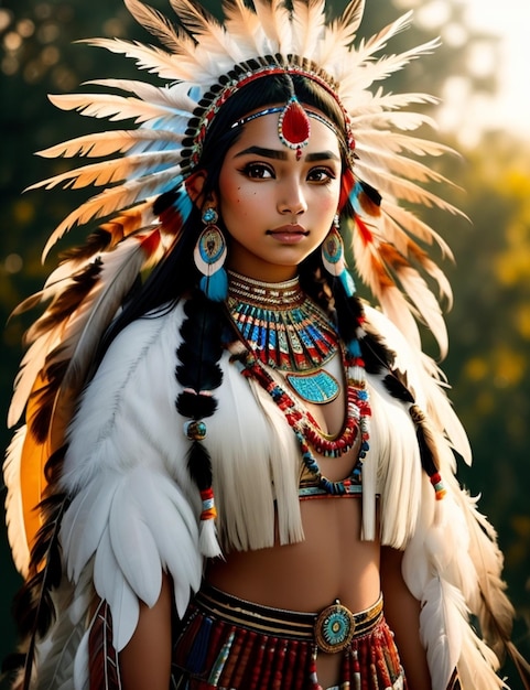 Une femme avec une coiffe colorée et des plumes sur la tête est photographiée par personne.