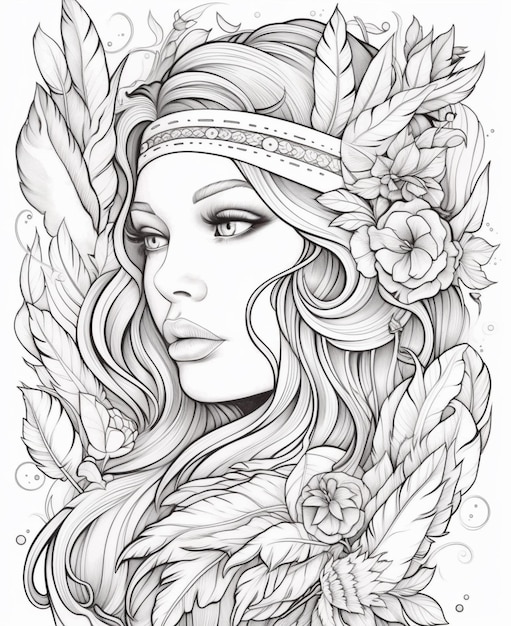 Une femme avec une coiffe et des fleurs dans les cheveux ai générative