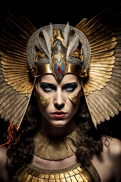 Une femme avec une coiffe en or et une coiffe en or avec une plume bleue sur la tête