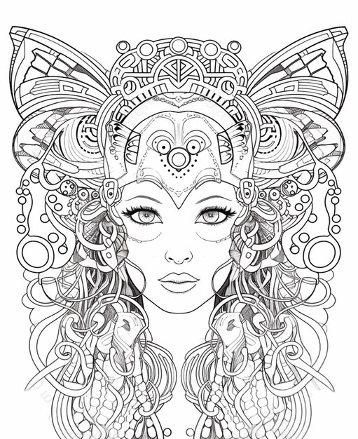 une femme avec une coiffe de papillon et des ailes de papillon sur la tête ai générative
