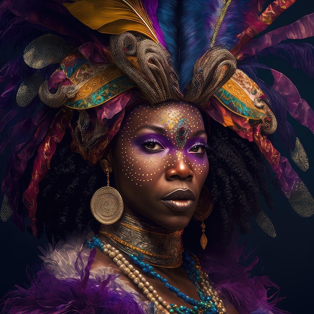 Une femme avec une coiffe à plumes violettes et une coiffe à plumes violettes.