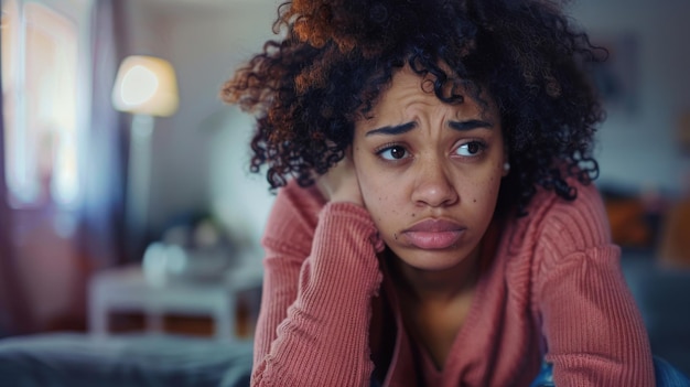 Photo une femme avec une coiffure afro noire a l'air inquiète et triste.