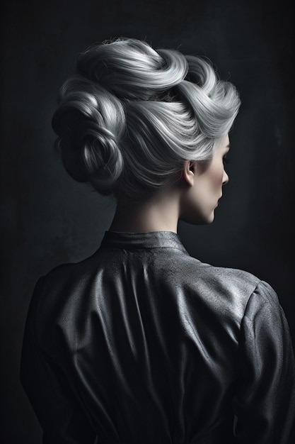 Une femme avec une coiffure argentée est représentée dans une pièce sombre.