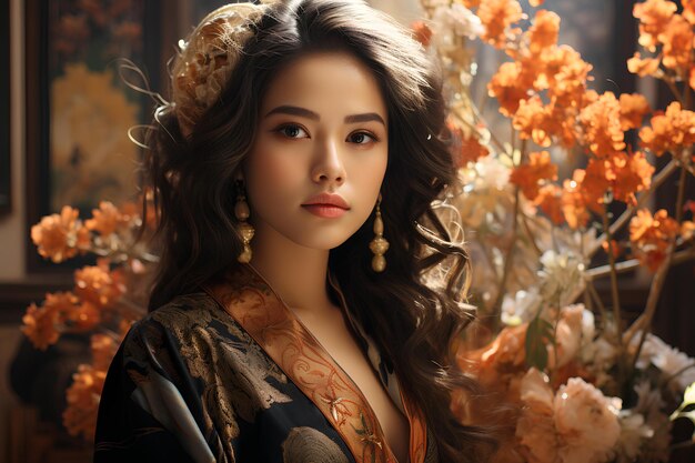 Femme avec une coiffure asiatique posant devant des fleurs