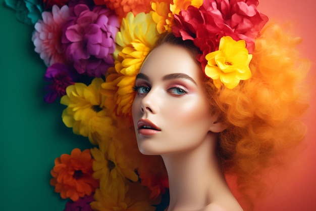 Une femme avec une coiffure colorée et une couronne de fleurs