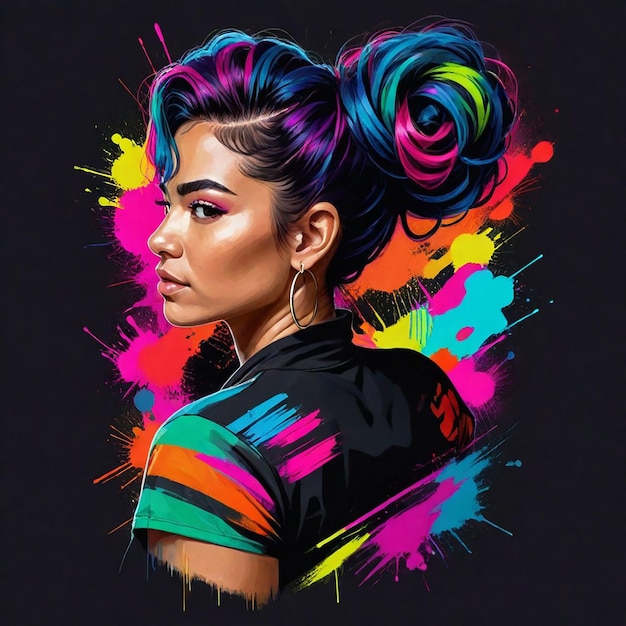 une femme avec une coiffure colorée est peinte sur un fond noir