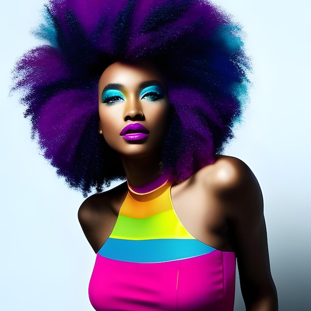 Une femme avec une coiffure colorée pose sur un fond blanc.