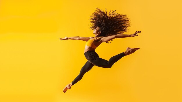 une femme avec une coiffure dans l'air avec un fond jaune