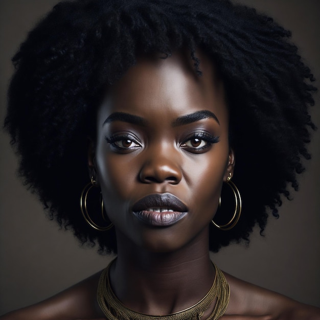 Une femme avec une coiffure naturelle et un collier en or.