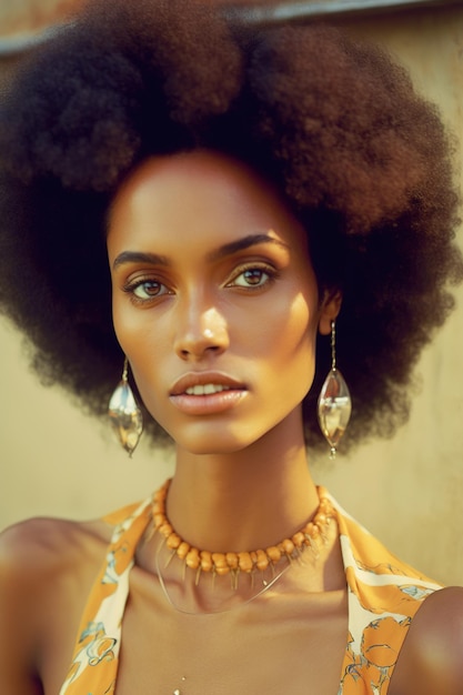 Une femme avec une coiffure naturelle et un collier en or