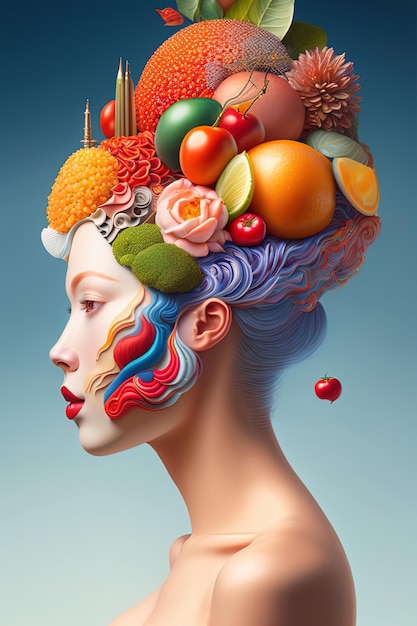 Une femme avec une coiffure qui a un bouquet de fruits dessus