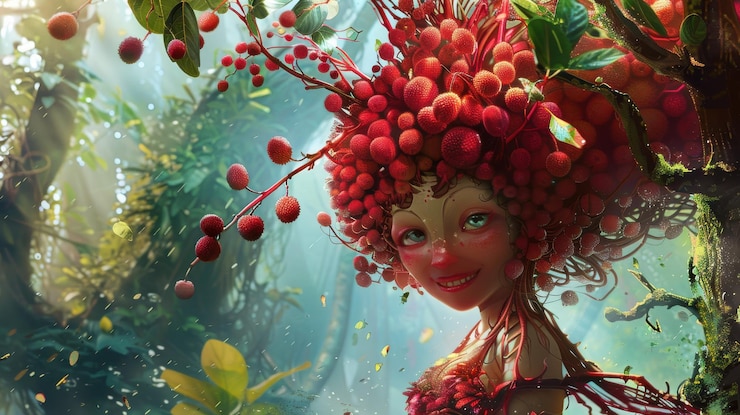 Photo une femme avec une coiffure rouge faite de fruits elle sourit et regarde la caméra