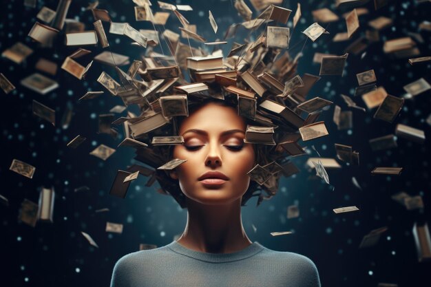 Photo une femme avec une coiffure unique faite de livres cette image peut être utilisée pour représenter la connaissance l'éducation et la créativité