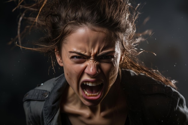 une femme en colère avec la bouche ouverte et les cheveux au vent