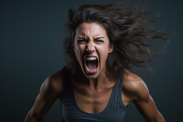 une femme en colère avec la bouche ouverte sur un fond sombre