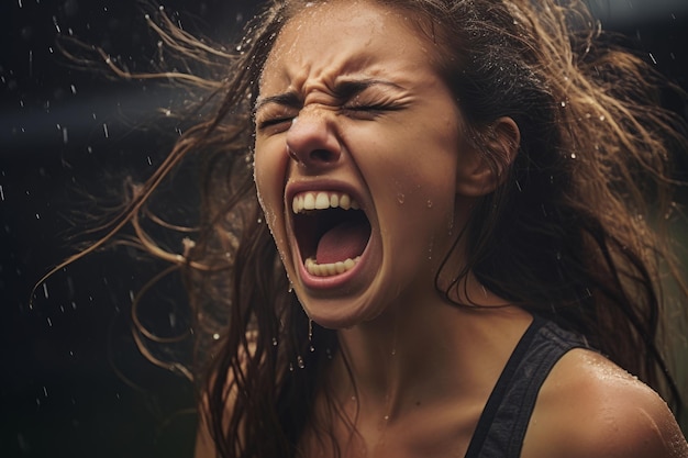 une femme en colère avec la bouche ouverte sous la pluie
