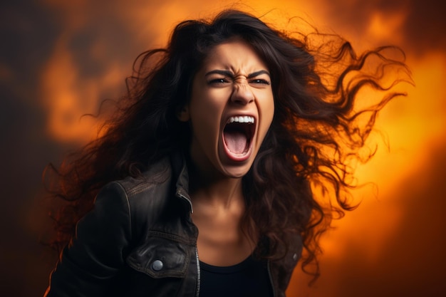 Photo une femme en colère criant devant un feu
