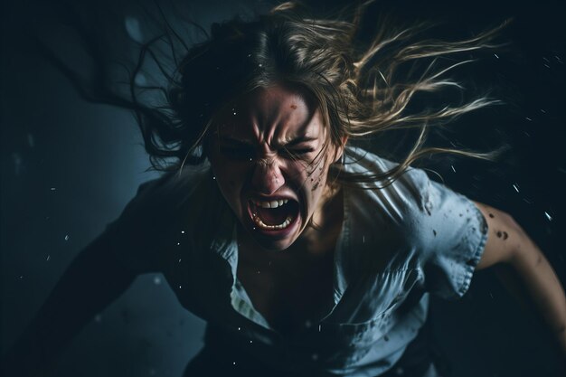 Photo une femme en colère avec sa bouche ouverte dans une pièce sombre