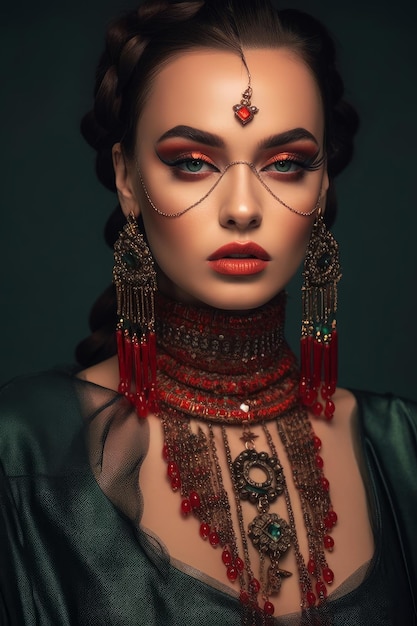 Une femme avec un collier et des boucles d'oreilles