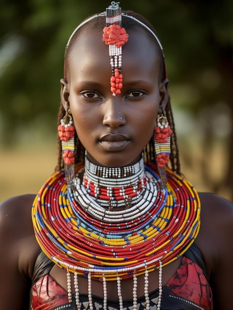 une femme avec un collier coloré qui dit indien sur le côté