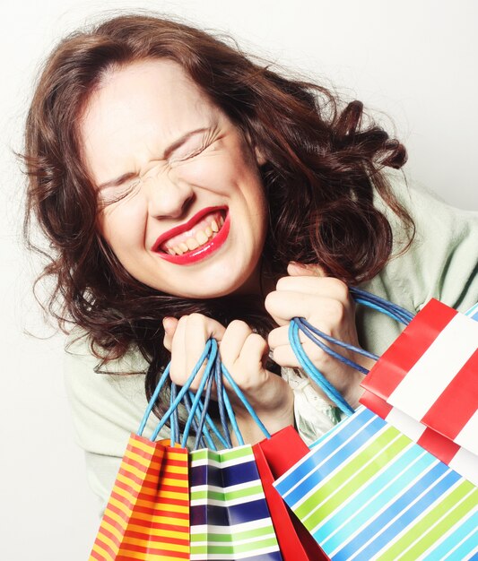 femme, à, coloré, sacs provisions