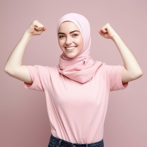 Femme combattant le cancer faisant les poings avec ses mains en l'air